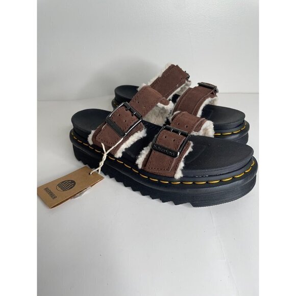 Doc Dr. Martens Myles Suede Fur Lined Buckle Slide Brown Sandals 37 US 6 NWT - Picture 3 of 7